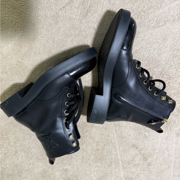 Louis Vuitton Black Lace-Up Leather Combat Boots with Gold Hardware - Picture 3 of 5